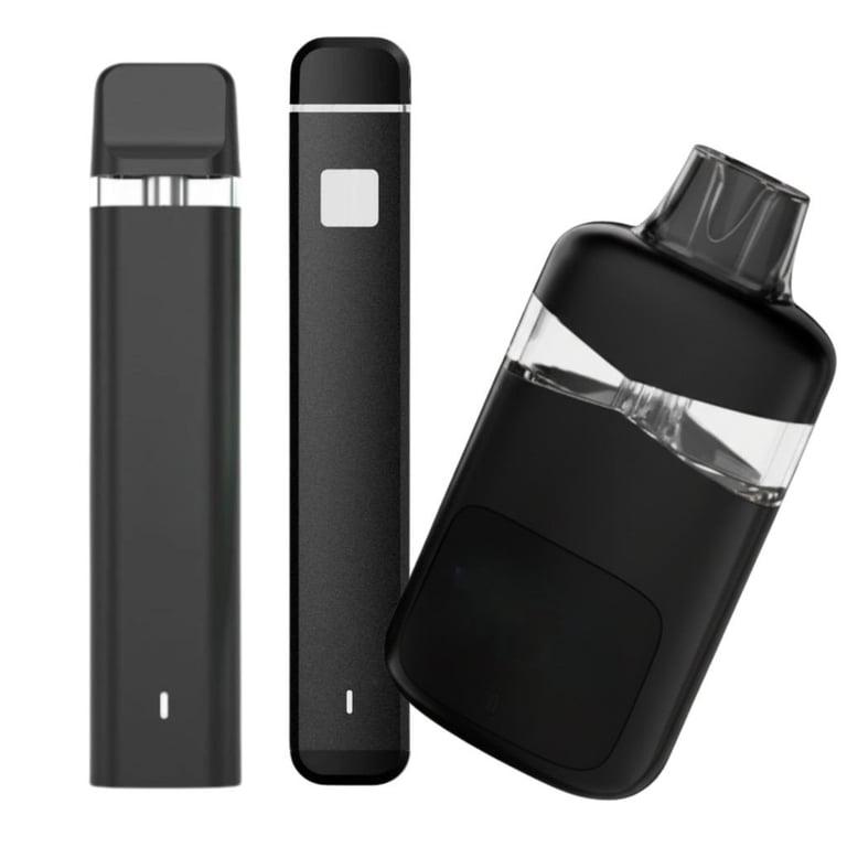 Three black vaping devices including two sleek pens and one compact pod mod with clear tank against white background