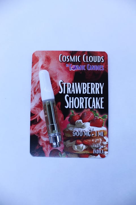 Cosmic Clouds Strawberry Shortcake vape cartridge by Cosmic Candies, 900mg, Indica strain on light blue background