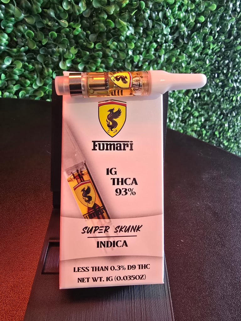 Fumari IG THCA 93% Super Skunk Indica vape cartridge with packaging on display