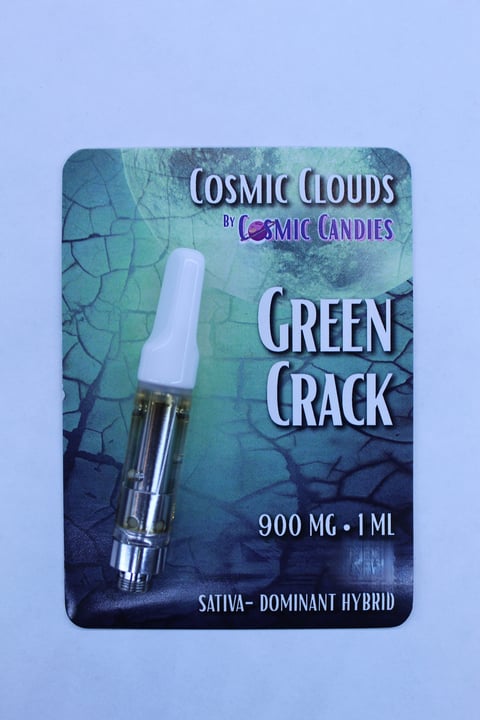 Packaging for Cosmic Clouds Green Crack vape cartridge, 900mg, sativa-dominant hybrid by Cosmic Candies
