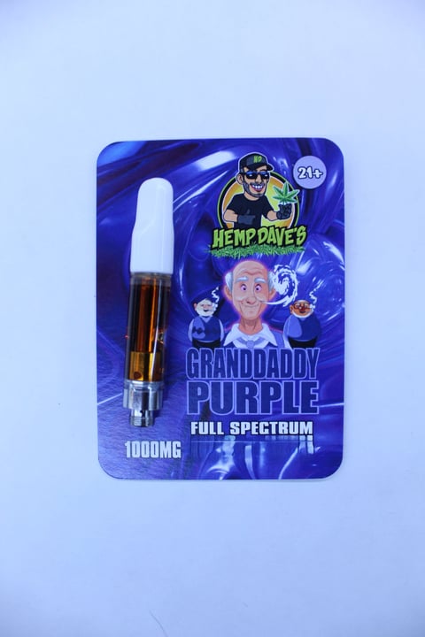 Blue vape cartridge packaging labeled Granddaddy Purple 1000mg Full Spectrum on light background