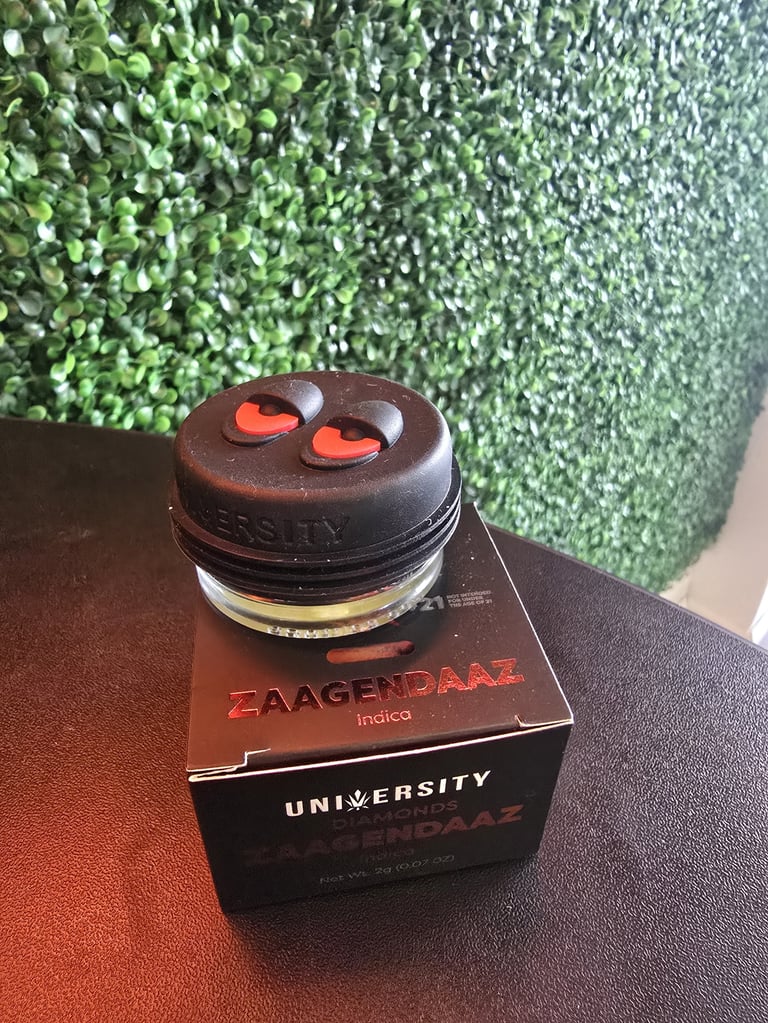 Black cannabis concentrate jar with red heart-shaped design on lid, sitting on University Baagendaaz branded box with green plant backdrop