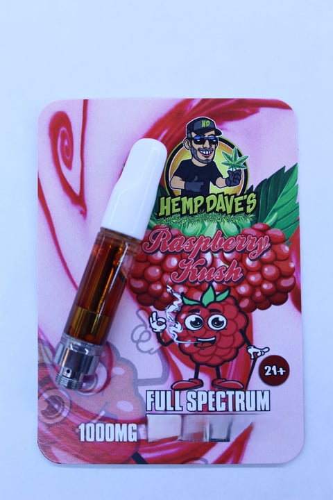 Hemp Daves Raspberry Kush full spectrum 1000mg vape cartridge package with cartoon character and raspberry illustration