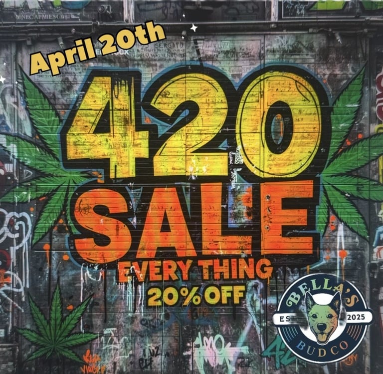 420 Sale poster with green cannabis leaves, April 20th date, Everything 20% off promotion, and Bulldog Budco logo