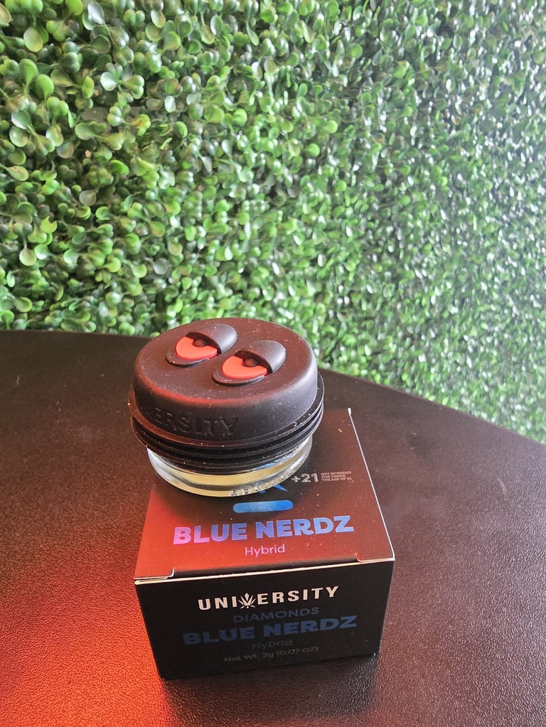 Cannabis concentrate jar labeled Blue Nerdz Hybrid on University Diamonds packaging with green foliage backdrop