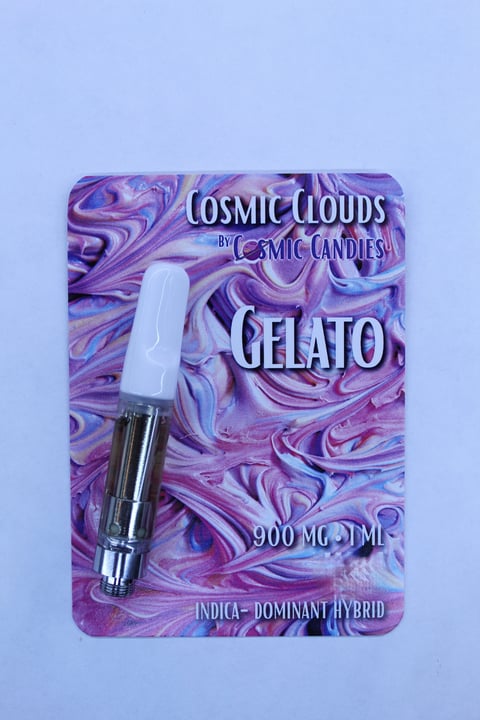 Cosmic Clouds Gelato vape cartridge package by Cosmic Candles, 900mg, indica-dominant hybrid strain
