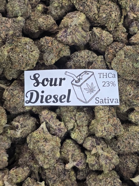 Closeup of cannabis buds labeled Sour Diesel with THCa 23% sativa strain label
