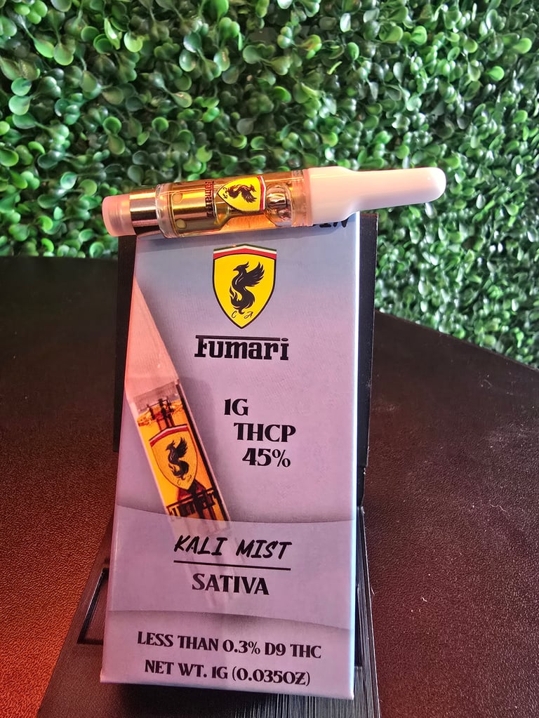 Fumari cannabis vape cartridge labeled IG THCP 45% Kali Mist Sativa displayed on product packaging