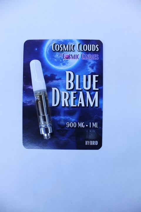 Cosmic Clouds Blue Dream vape cartridge, 900mg 1ml hybrid cannabis product on light blue background