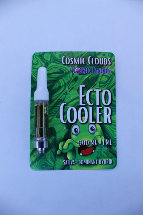 Cosmic Clouds Ecto Cooler vape cartridge package with green swirled design, 900mg, sativa-dominant hybrid on light blue background
