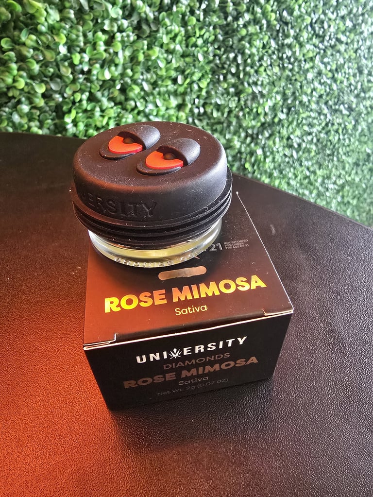 Rose Mimosa cannabis product jar with orange heart-shaped eyes on lid, displayed on packaging box against green textured background